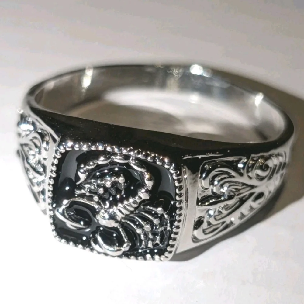 Bright Deep Black Enamel With Unique Scorpion Square Face Design Ring For Men's